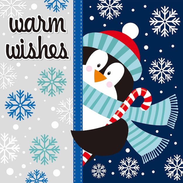 Diseño de tarjeta de Navidad con pingüino lindo con caña de caramelo