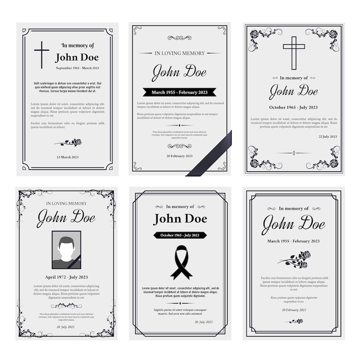 Vector diseño de tarjeta de obituario de condolencias en memoria amorosa de la portada de invitación de funerales con esquina de cinta negra y juego de vectores de hoja de duelo