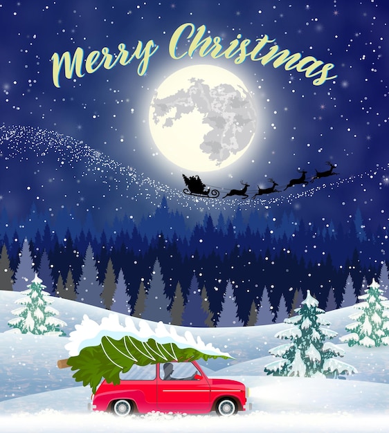 Diseño de tarjeta de paisaje navideño de coche retro con árbol en la parte superior. fondo con la luna y la silueta de santa claus volando en un trineo. concepto de saludo o tarjeta postal, ilustración vectorial