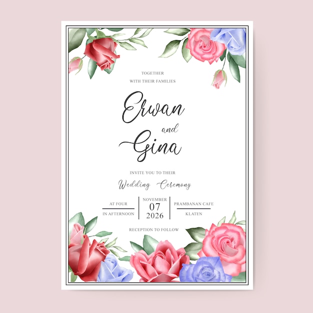 Diseño de tarjeta de plantilla de invitación de boda con acuarela floral y hojas