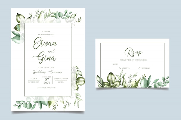 Diseño de tarjeta de plantilla de invitación de boda acuarela