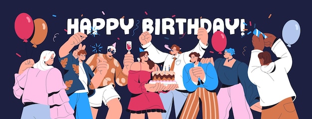 Diseño de tarjeta postal de felicitación con Feliz Cumpleaños y fiesta de fiesta Plantilla de pancarta de felicitaciones con celebración de aniversario con pastel de vacaciones amigos globos de confeti Ilustración vectorial plana