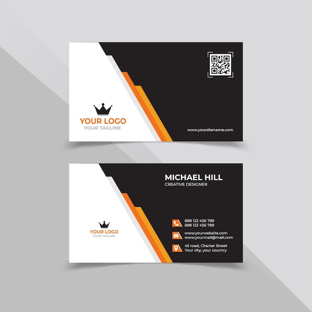 Diseño de tarjeta de presentación corporativa en color blanco, negro y naranja.