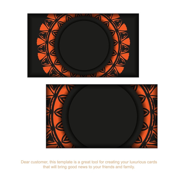Diseño de tarjeta de presentación en negro con adornos naranjas. tarjetas de visita elegantes con espacio para texto y patrones vintage.