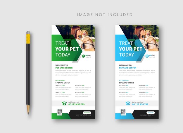 Diseño de tarjeta de rack de negocios de cuidado de mascotas o plantillas de vector de volante dl