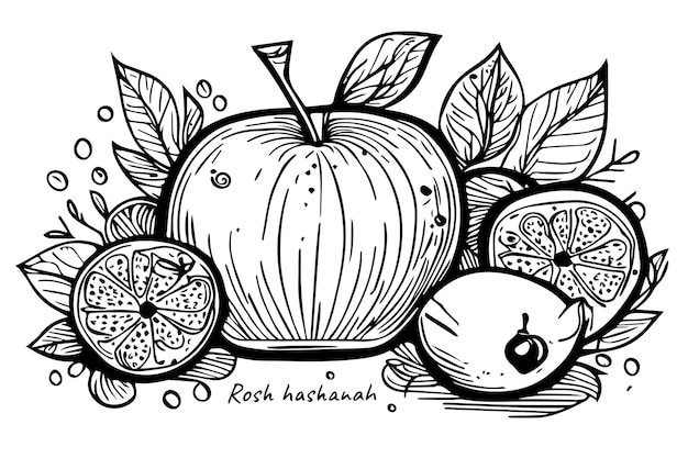 Diseño de tarjeta de Rosh Hashanah con manzana de miel de manzana en fondo de color en boceto de estilo doodle