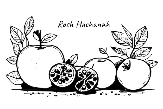 Diseño de tarjeta de Rosh Hashanah con manzana de miel de manzana en fondo de color en boceto de estilo doodle