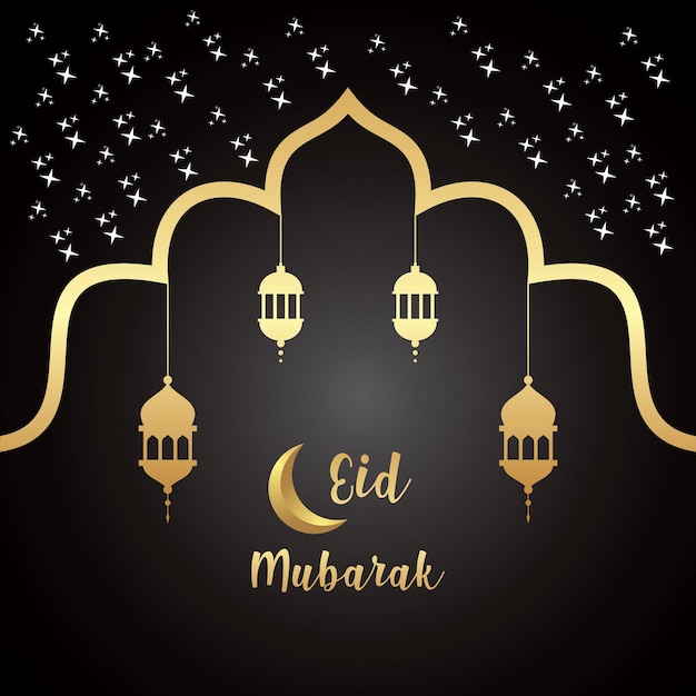 Vector diseño de tarjeta de saludo islámico eid mubarak con hermosa luna creciente dorada vector premium