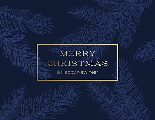 Diseño de tarjeta de saludos de Navidad con fondo de ramas de pino abeto dibujado a mano azul con clase. Pegatina de decoración de vacaciones de invierno, tarjeta de presentación o póster.