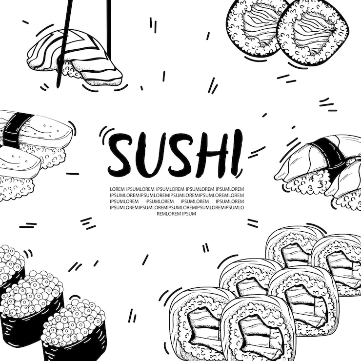 Vector diseño de tarjeta vectorial con ilustración de sushi dibujada a mano con tinta