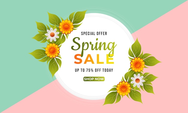 Diseño de tarjeta de venta de primavera con flores y hojas de colores para anuncios de publicación en redes sociales