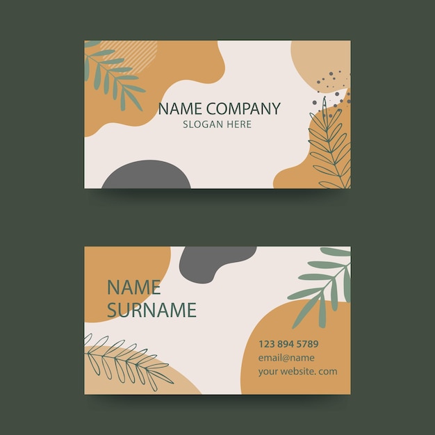 Diseño de tarjeta de visita en colores pastel suaves Concepto moderno con gotas de líquido cepillo flores hojas líneas Tonos de amarillo marrón Vector