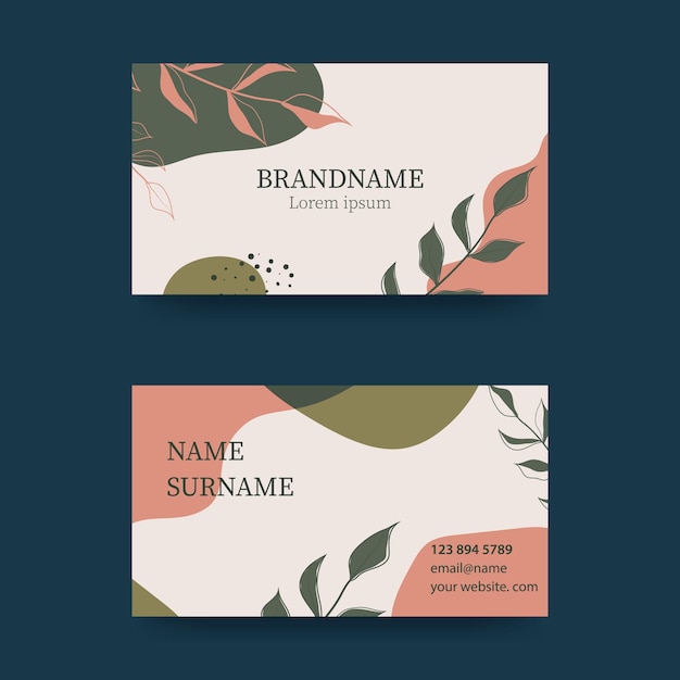 Diseño de tarjeta de visita en colores pastel suaves Concepto moderno con gotas de líquido cepillo flores hojas líneas Tonos rosa y verde Vector