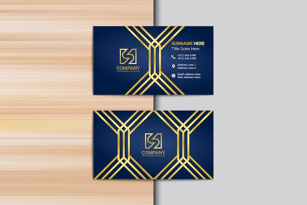 Diseño de tarjeta de visita de lujo estilo línea dorada y azul