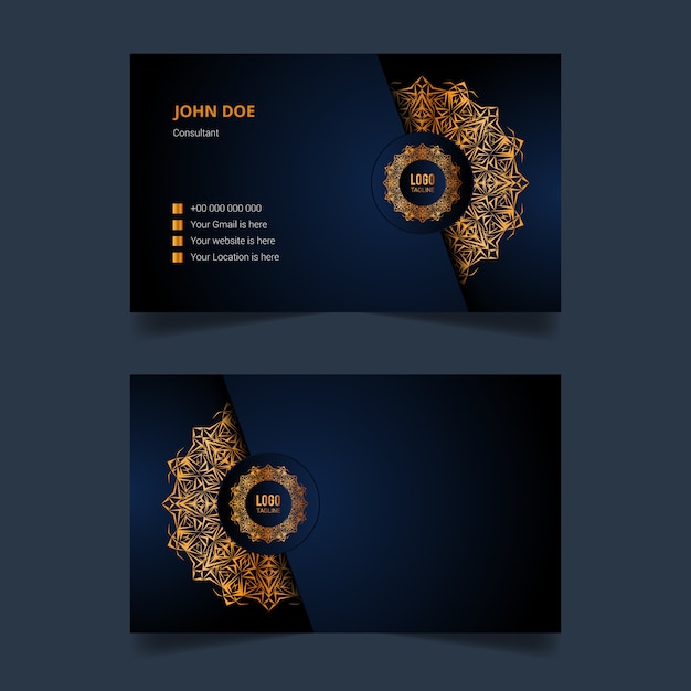 Diseño de tarjeta de visita de lujo con fondo de mandala Arabesque dorado