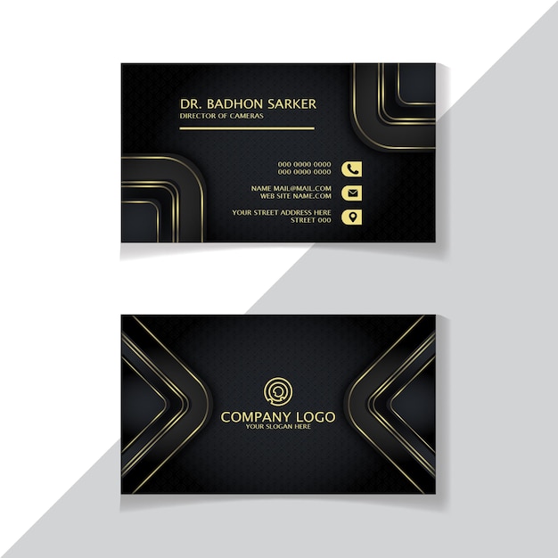 Diseño de tarjeta de visita de lujo moderno en color negro con línea de iluminación de gradiente dorado