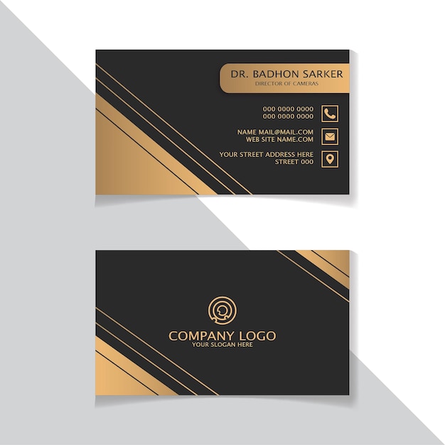 Diseño de tarjeta de visita moderna en color negro y dorado con forma de triángulo