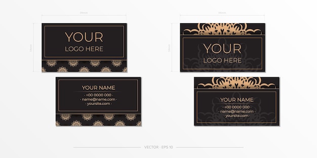 Diseño de tarjeta de visita negra con adornos griegos. tarjetas de visita de vector con patrones vintage.