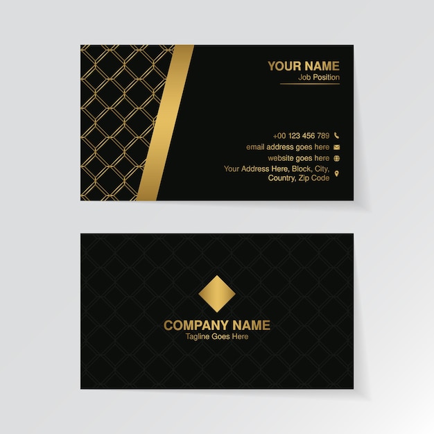 Diseño de tarjeta de visita negra y dorada, plantilla de tarjeta de visita elegante de lujo