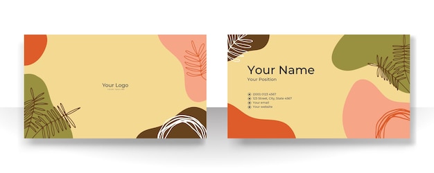 Diseño de tarjeta de visita con un patrón elegante orgánico de color marrón pastel suave color champán bronceado desnudo. Concepto moderno con líquido, gota, pincel, floral, hojas, línea, arte de decoración de belleza. Ilustración vectorial