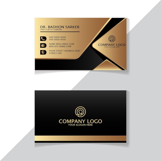 Diseño de tarjeta de visita profesional creativa de lujo en color negro y dorado