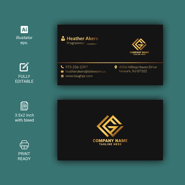 Diseño de tarjeta de visita profesional minimalista moderno dorado.
