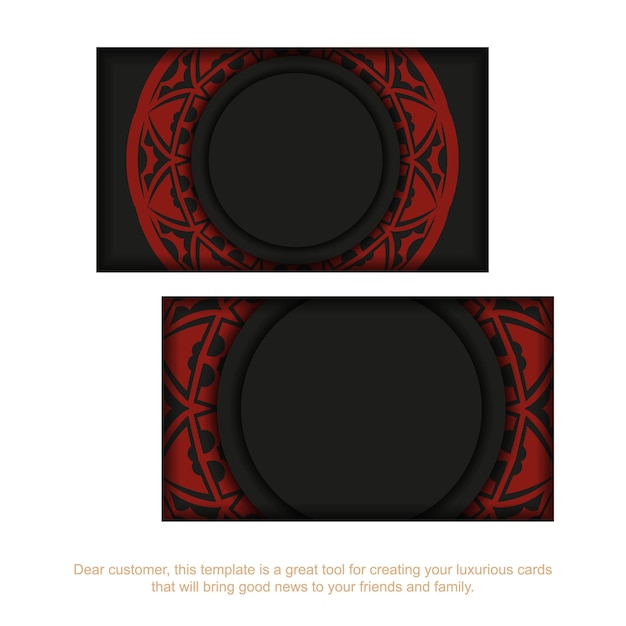 Diseño de tarjeta de visita de vector en negro con patrones rojos. tarjetas de visita elegantes con un lugar para el texto y adornos de lujo.