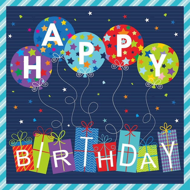 Diseño de tarjetas de cumpleaños con globos de colores y regalos