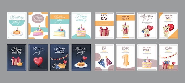 Diseño de tarjetas de cumpleaños para postales y portadas con elementos festivos