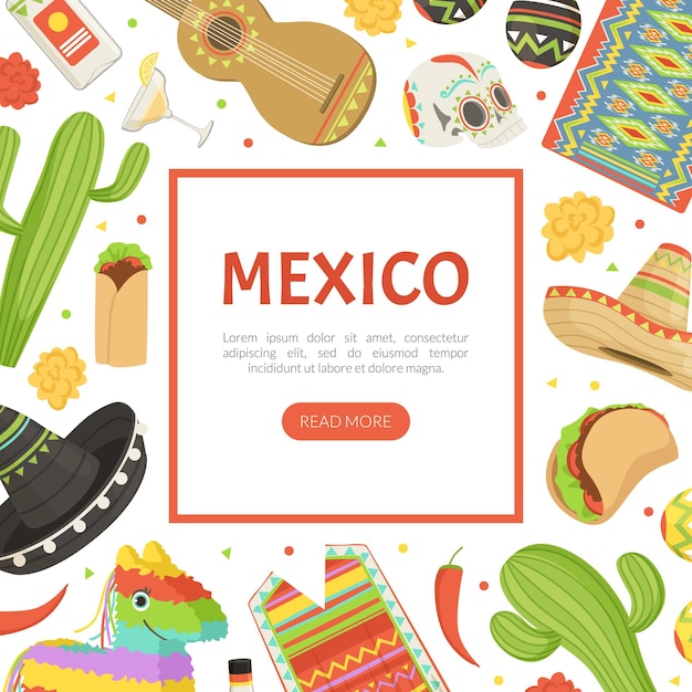 Diseño de tarjetas de dibujos animados mexicanos con plantilla vectorial de sombrero y piñata