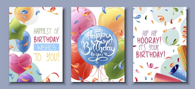 Diseño de tarjetas de felicitación de cumpleaños con plantilla de volante de pancarta con globos de colores, confeti y serpentina Diseño de invitación para la fiesta de aniversario de vacaciones
