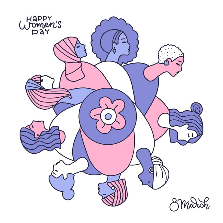Vector diseño de tarjetas de felicitación para el día de la mujer concepto de marcha con diferentes mujeres en composición rotativa redonda