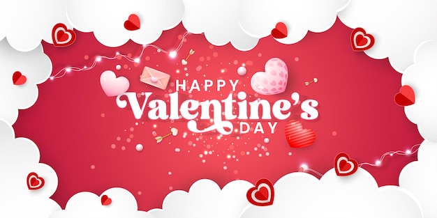 Diseño de tarjetas de felicitación del Día de San Valentín con nube de papel y amor realista en 3D en un fondo gradiente