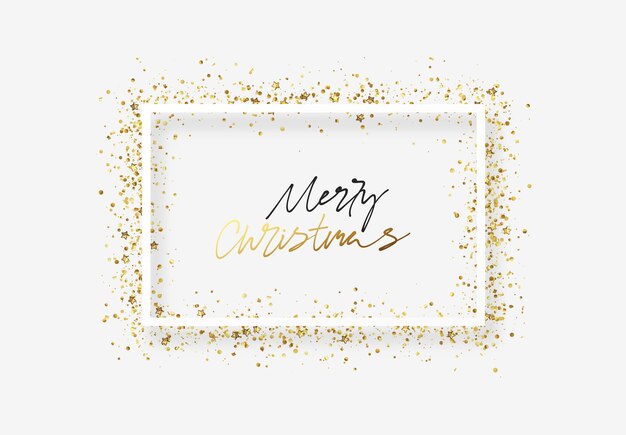 Vector diseño de tarjetas de felicitación navideñas con marco blanco con brillo dorado brillante, confeti dorado, destellos de estrellas amarillas. texto de letras manuscritas feliz navidad