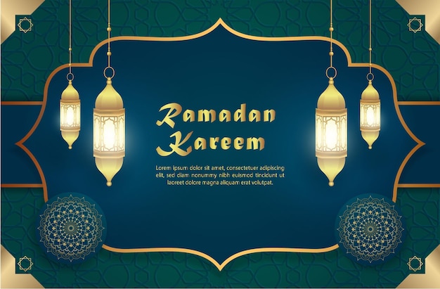 Diseño de tarjetas de felicitación ramadan kareem con luces de farol sobre fondo verde. candelabro.