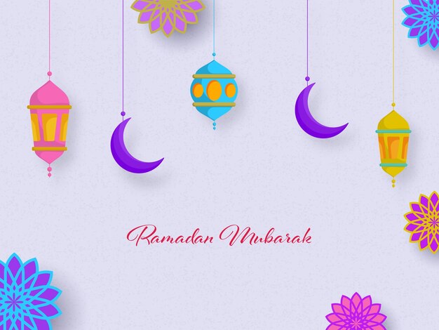 Diseño de tarjetas de felicitación de Ramadán Mubarak con linternas colgantes, luna creciente y patrón de mandala decorado sobre fondo de textura de grano