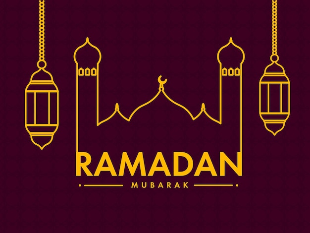 Diseño de tarjetas de felicitación de Ramadán Mubarak con mezquita de estilo lineal amarillo y linternas colgantes sobre fondo de patrón islámico rosa oscuro