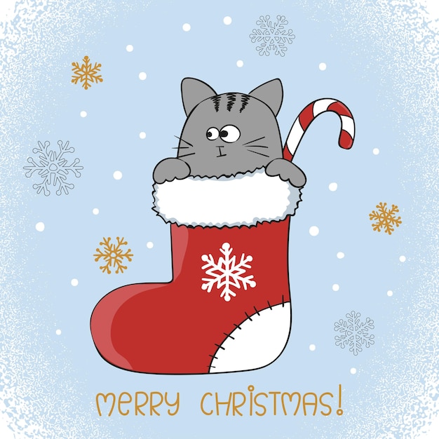 Diseño de tarjetas de Feliz Navidad Gato lindo en una medias navideña Ilustración de vacaciones vectorial