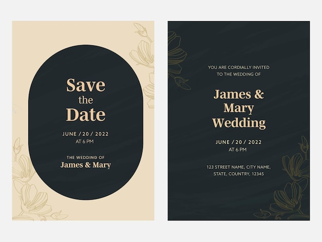 Diseño de tarjetas de invitación de boda en el anverso y el reverso, listas para imprimir