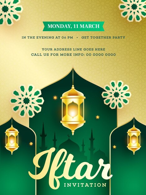 Diseño de tarjetas de invitación para la fiesta de Iftar con linternas iluminadas y detalles del evento en colores dorado y verde