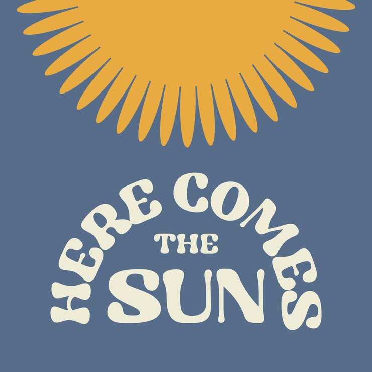 Vector diseño de tarjetas motivacionales con texto aquí viene el símbolo del sol y el sol en estilo groovy sobre fondo azul