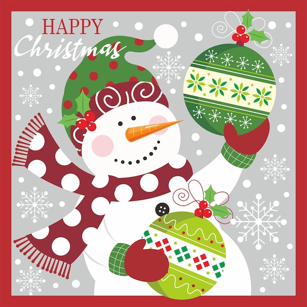 Diseño de tarjetas de Navidad con bonito muñeco de nieve y bolas de navidad