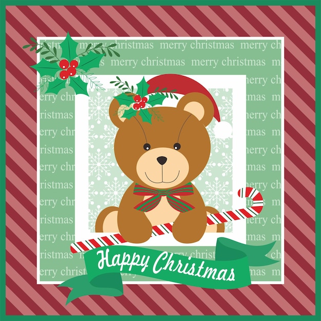 Diseño de tarjetas de Navidad con un lindo oso de peluche y un bastón de caramelo