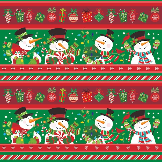 Diseño de tarjetas de Navidad con lindo regalo de muñeco de nieve y patrón de baubles