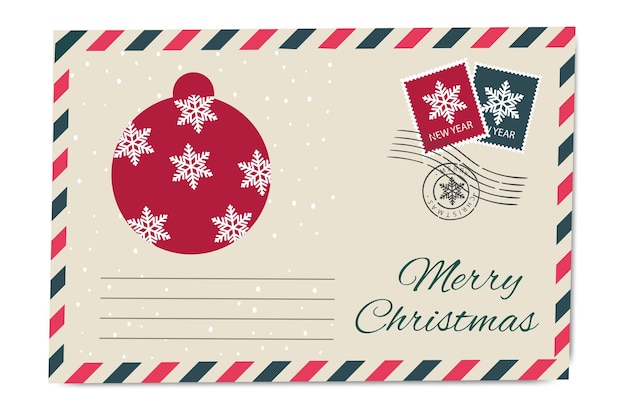 Diseño de tarjetas postales de Navidad con sobre festivo copos de nieve y tipografía de Feliz Navidad para Holi