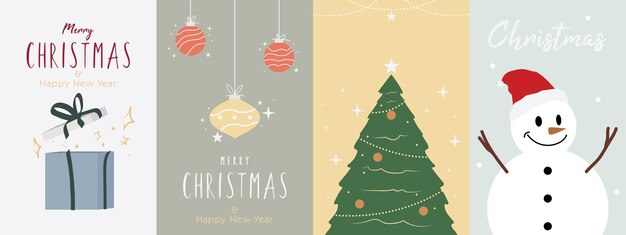 Diseño de tarjetas verticales de Feliz Navidad Conjunto de plantillas artísticas de vacaciones de invierno y año nuevo