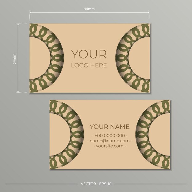 Diseño de tarjetas de visita en color beige con patrones de lujo griegos. Tarjetas de visita de vector con adornos vintage.