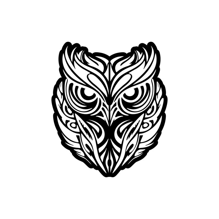 Vector diseño de tatuaje de búho en blanco y negro con patrones polinesios