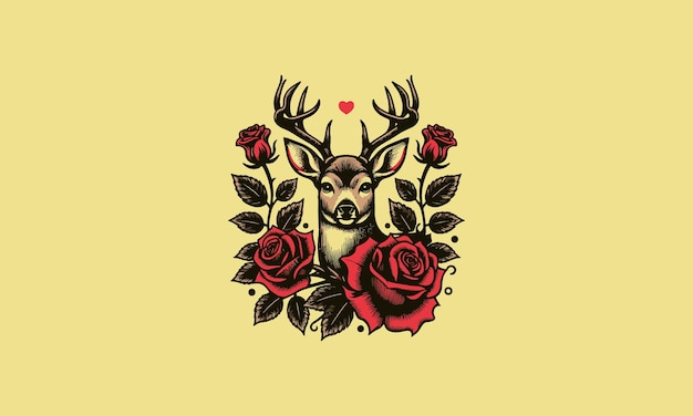 diseño de tatuaje de cabeza de ciervo y rosa roja diseño vectorial