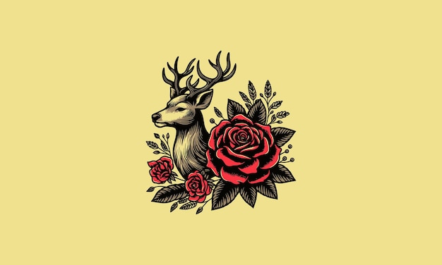 diseño de tatuaje de cabeza de ciervo y rosa roja vectorial